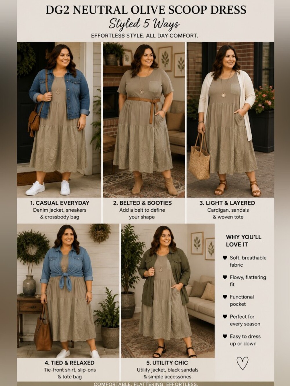 DG2 Neutral Olive Scoop Neck Dress